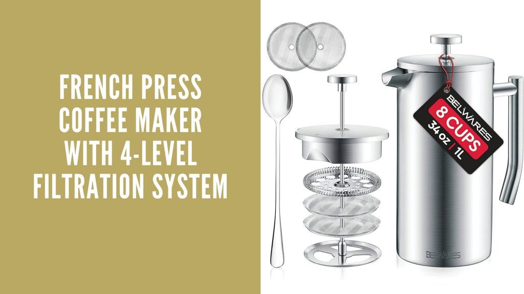 French press coffee maker with 4-level filtration system